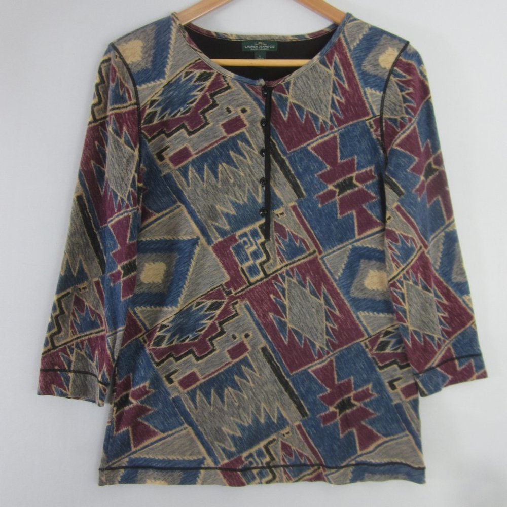 Lauren Jeans Co Womens L Multicolor Southwestern Cotton 3/4 Sleeve Knit Henley T